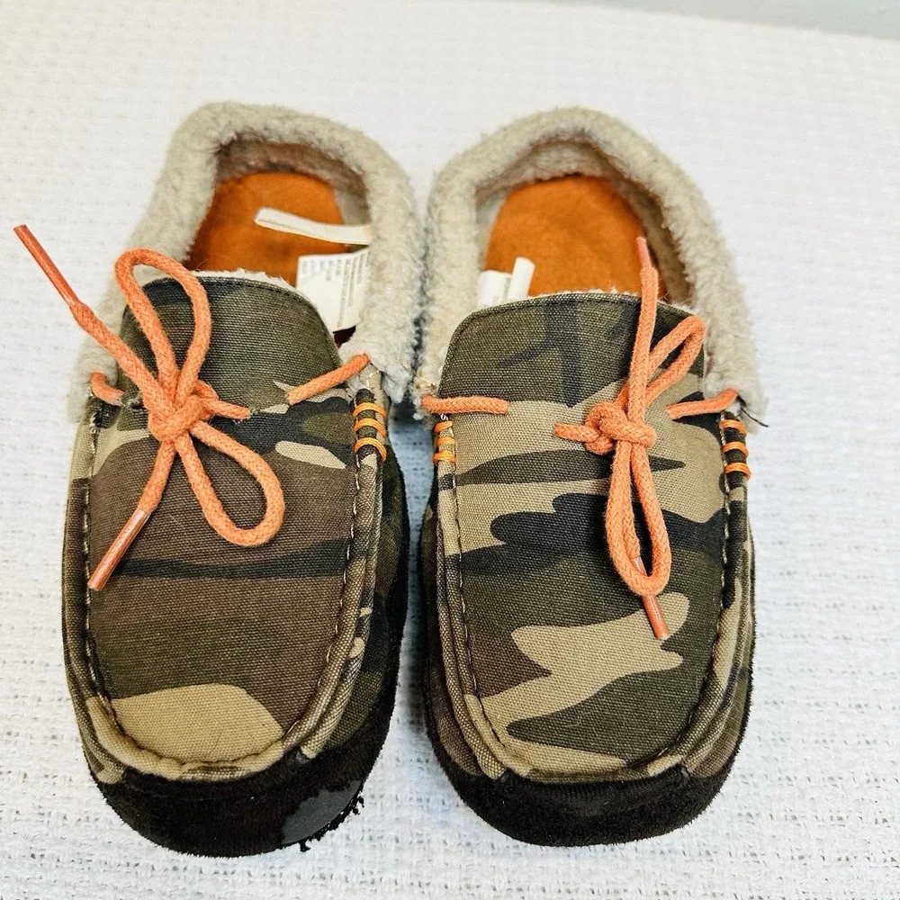 Kids Camo Slippers Moccasin Green Faux Fur Slippers Youth Soft Cozy Size‎ 4/5
